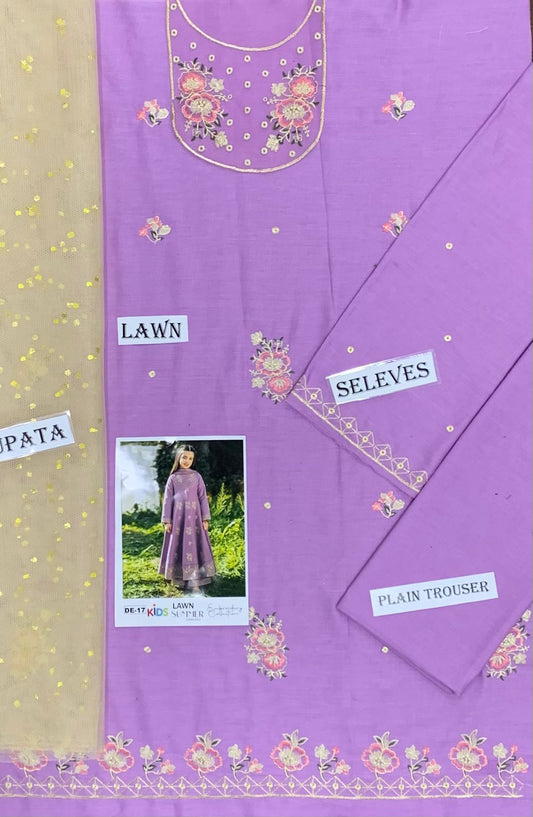 Kids 3PC Embroidered Summer Dress With Net Dupatta - Unstitched - DE-17