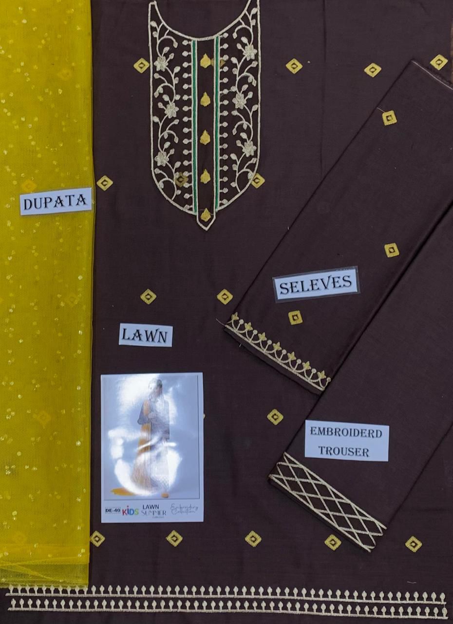 Kids 3PC Embroidered Summer Dress With Net Dupatta - Unstitched - DE-40