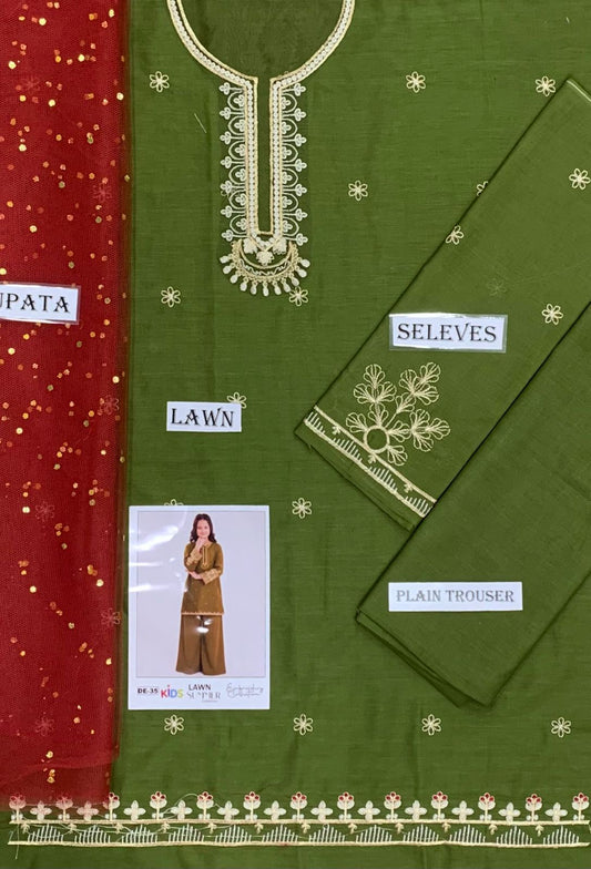 Kids 3PC Embroidered Summer Dress With Net Dupatta - Unstitched - DE-35