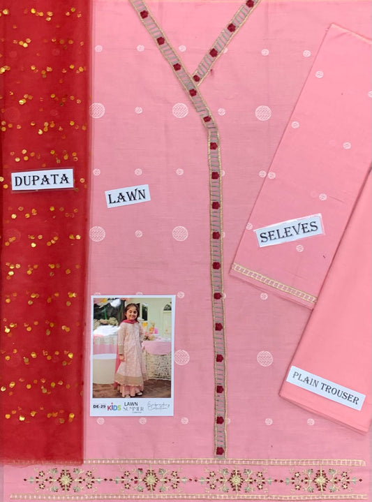 Kids 3PC Embroidered Summer Dress With Net Dupatta - Unstitched - DE-29