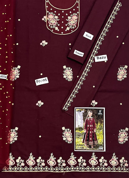 Kids 3PC Embroidered Summer Dress With Net Dupatta - Unstitched - DE-03