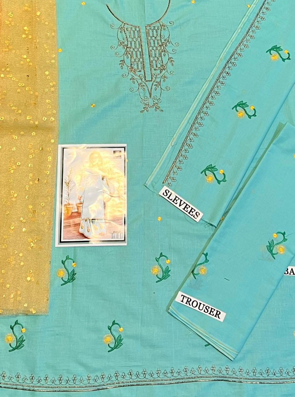 Kids 3PC Embroidered Summer Dress With Net Dupatta - Unstitched - DE-53