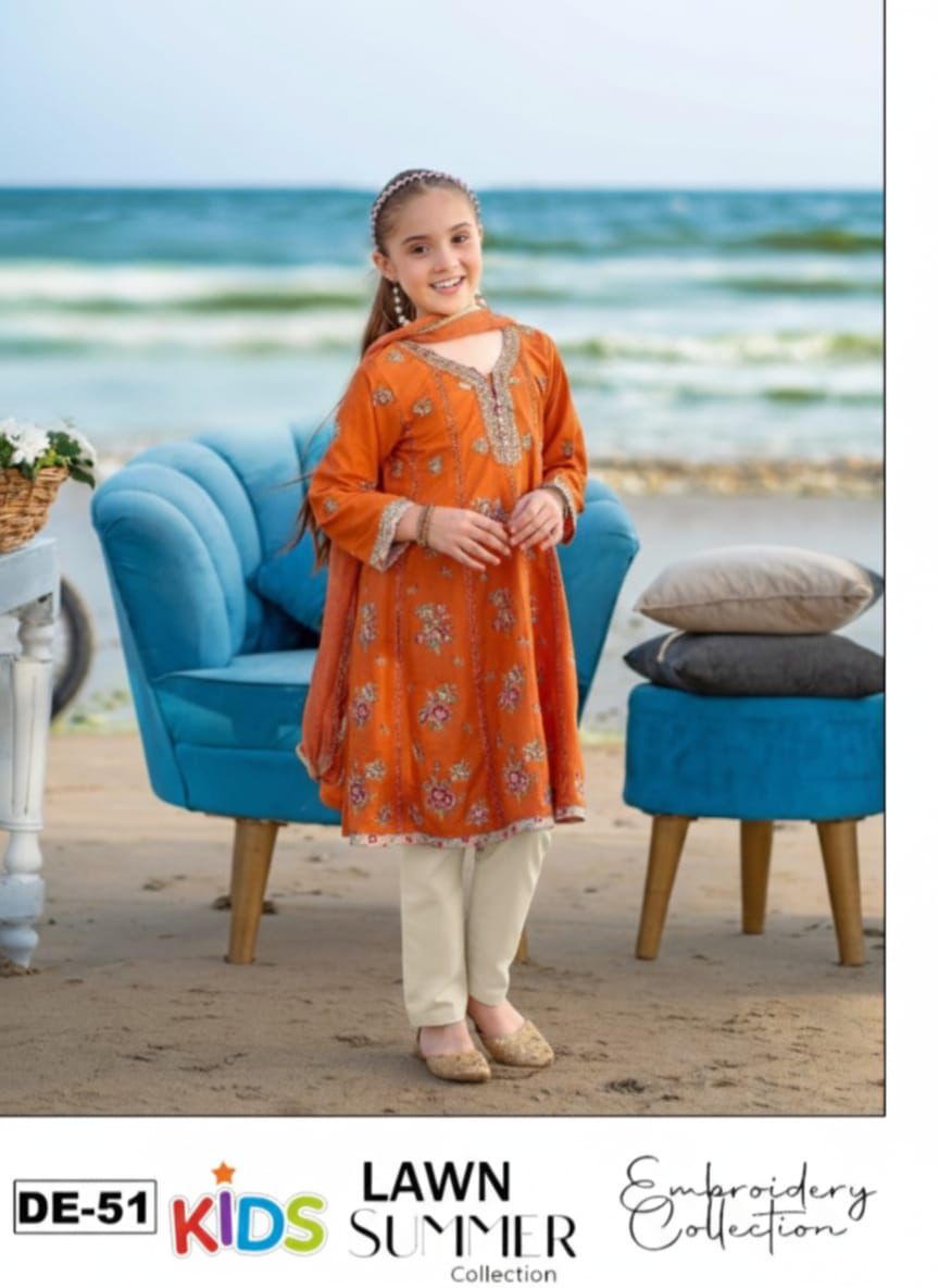 Kids 3PC Embroidered Summer Dress With Net Dupatta