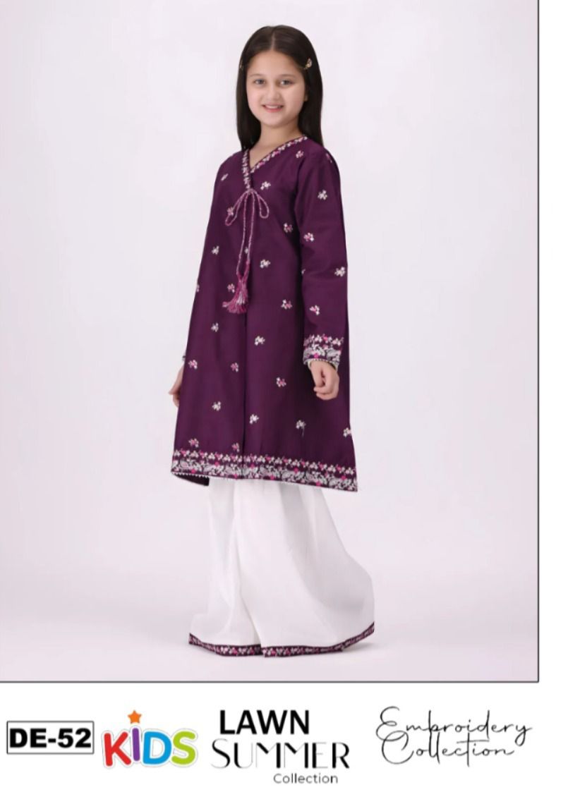Kids 3PC Embroidered Summer Dress With Net Dupatta - Unstitched - DE-52