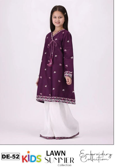 Kids 3PC Embroidered Summer Dress With Net Dupatta - Unstitched - DE-52