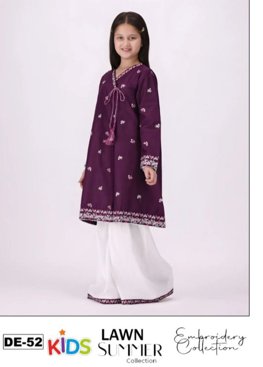 Kids 3PC Embroidered Summer Dress With Net Dupatta - Unstitched - DE-52