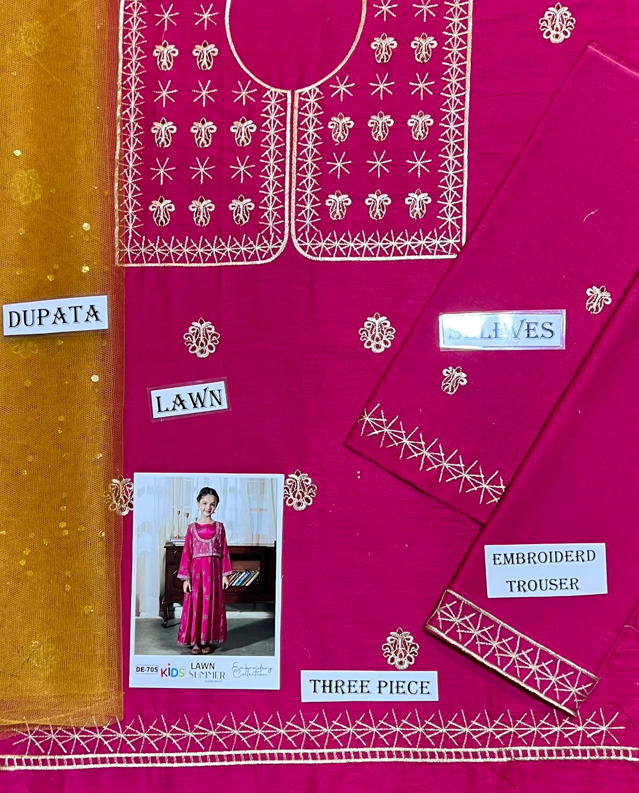 Kids 3PC Embroidered Summer Dress With Net Dupatta - Unstitched