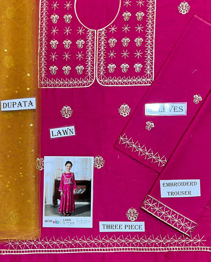Kids 3PC Embroidered Summer Dress With Net Dupatta - Unstitched