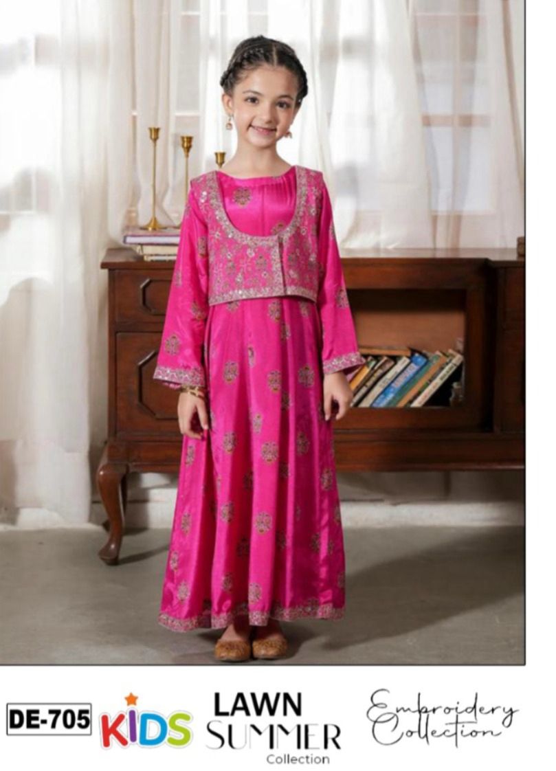 Kids 3PC Embroidered Summer Dress With Net Dupatta - Unstitched