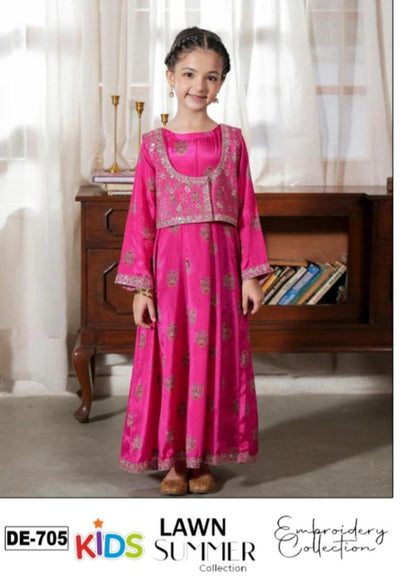 Kids 3PC Embroidered Summer Dress With Net Dupatta - Unstitched
