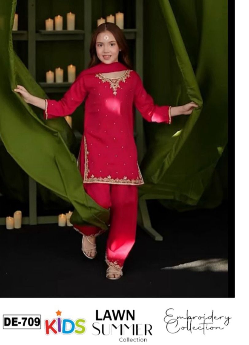Kids 3PC Embroidered Summer Dress With Net Dupatta - Unstitched