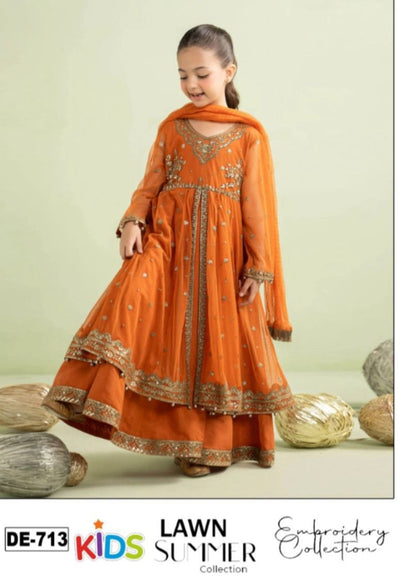 Kids 3PC Embroidered Summer Dress With Net Dupatta - Unstitched