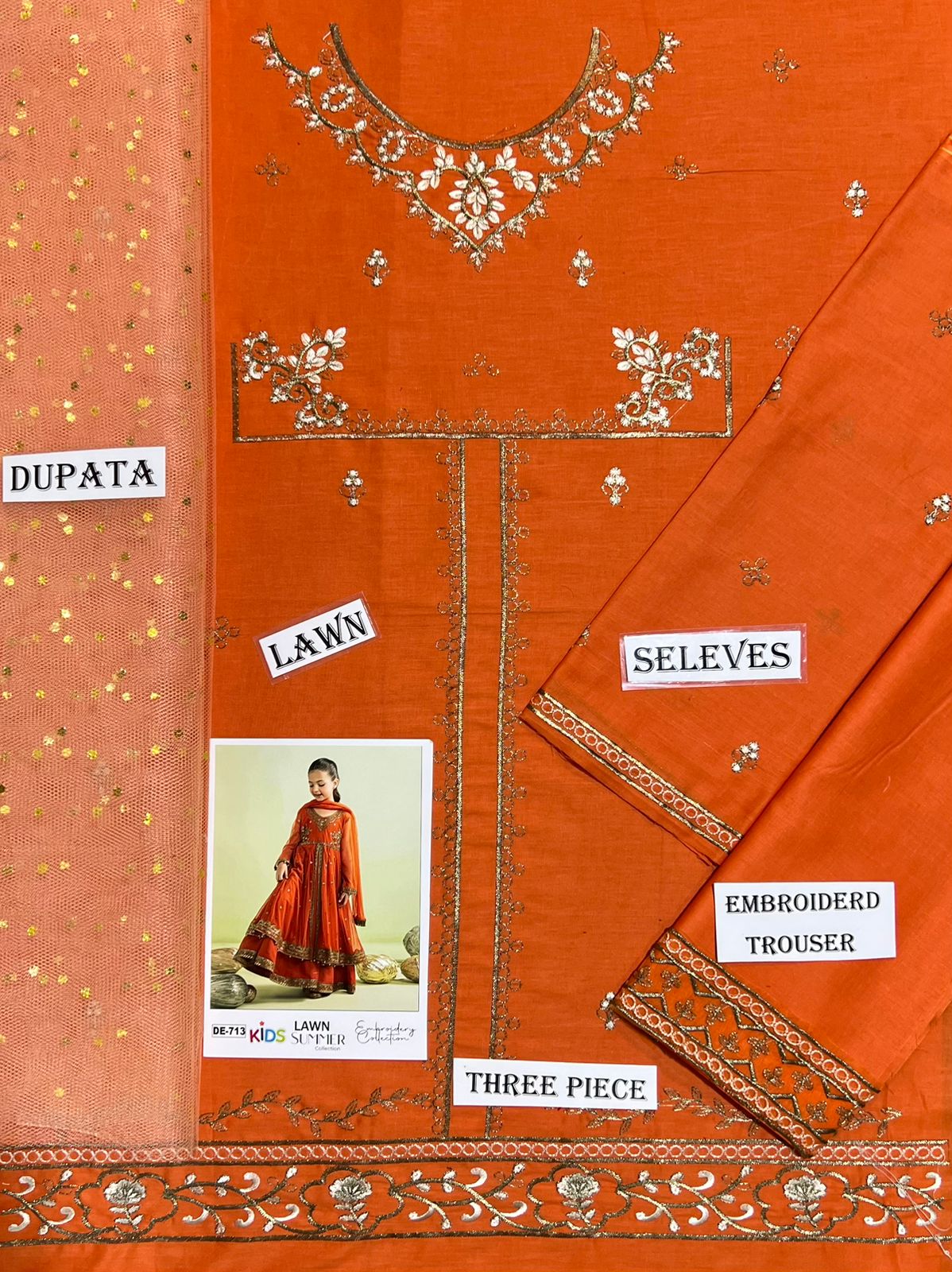 Kids 3PC Embroidered Summer Dress With Net Dupatta - Unstitched