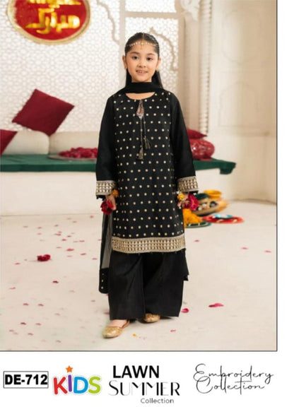 Kids 3PC Embroidered Summer Dress With Net Dupatta - Unstitched