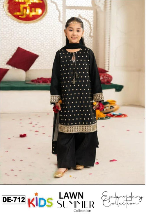 Kids 3PC Embroidered Summer Dress With Net Dupatta - Unstitched