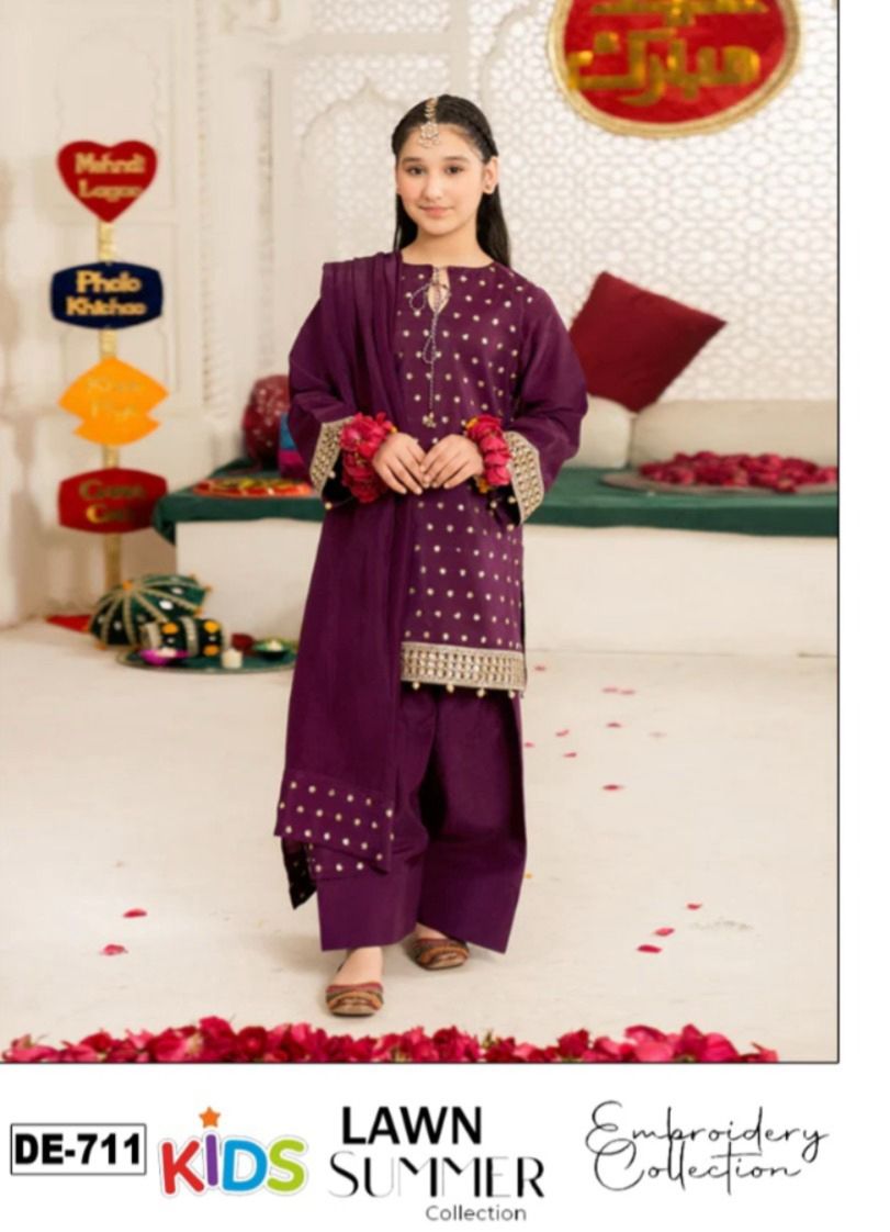 Kids 3PC Embroidered Summer Dress With Net Dupatta - Unstitched