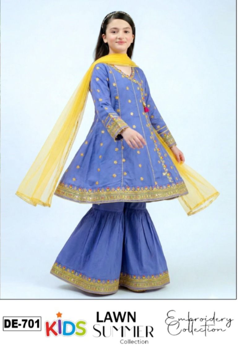 Kids 3PC Embroidered Summer Dress With Net Dupatta - Unstitched