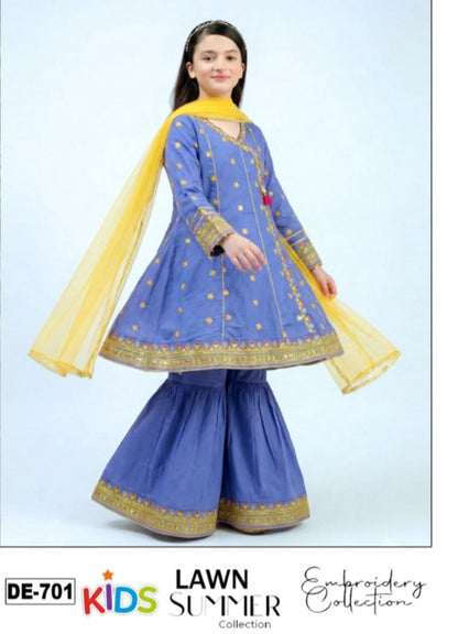 Kids 3PC Embroidered Summer Dress With Net Dupatta - Unstitched