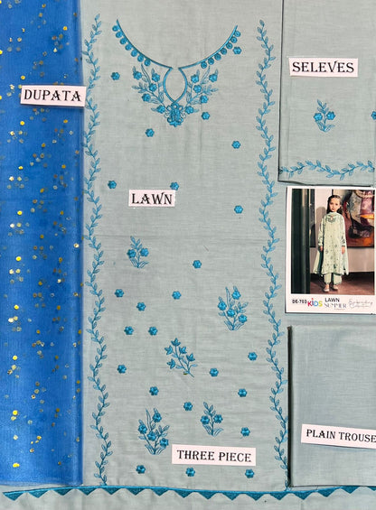 Kids 3PC Embroidered Summer Dress With Net Dupatta - Unstitched