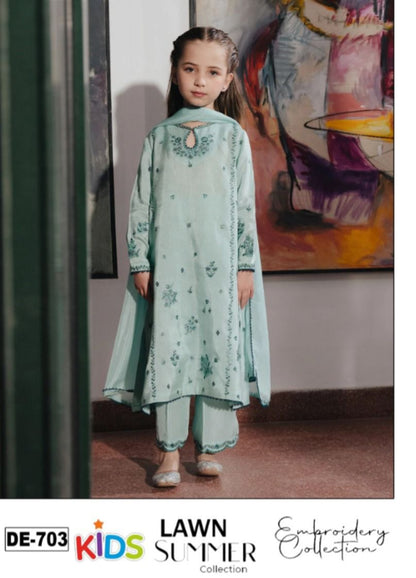 Kids 3PC Embroidered Summer Dress With Net Dupatta - Unstitched