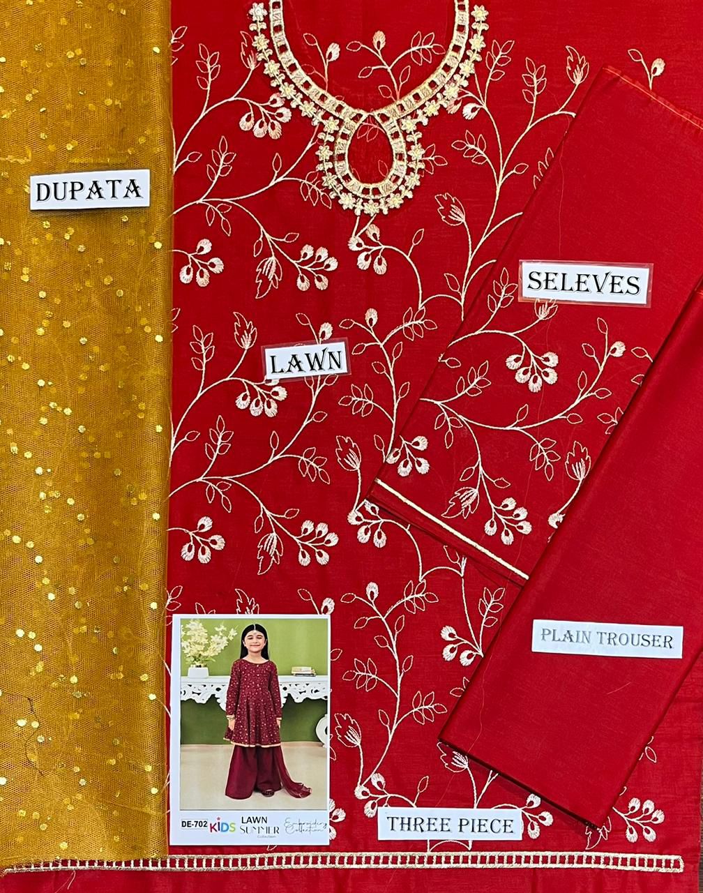 Kids 3PC Embroidered Summer Dress With Net Dupatta - Unstitched