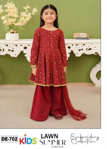 Kids 3PC Embroidered Summer Dress With Net Dupatta - Unstitched