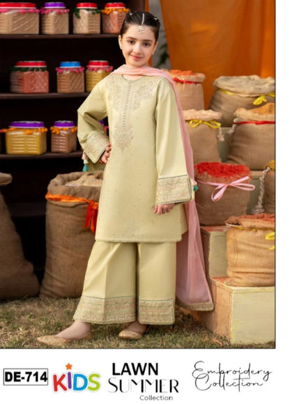 Kids 3PC Embroidered Summer Dress With Net Dupatta - Unstitched