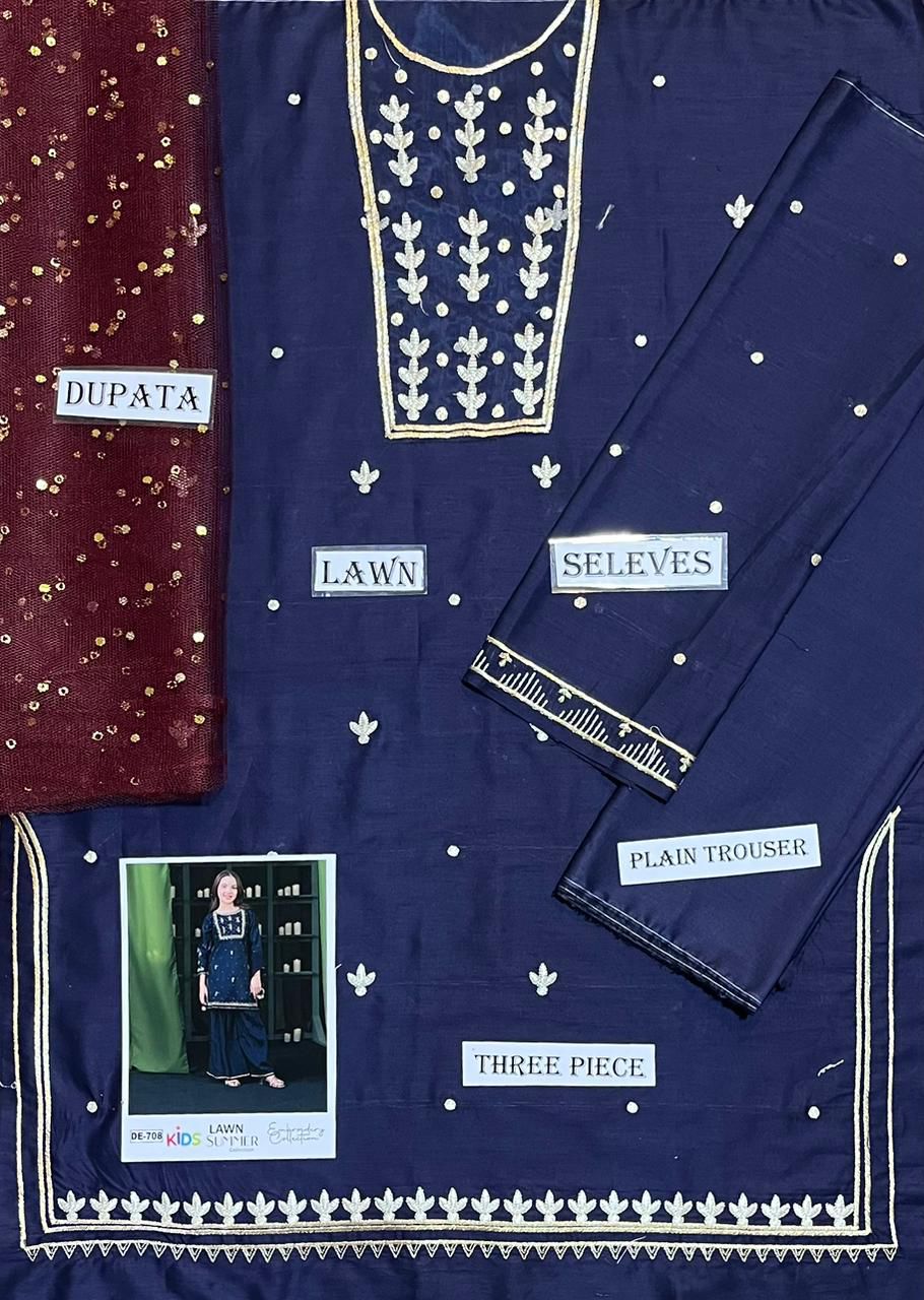 Kids 3PC Embroidered Summer Dress With Net Dupatta - Unstitched