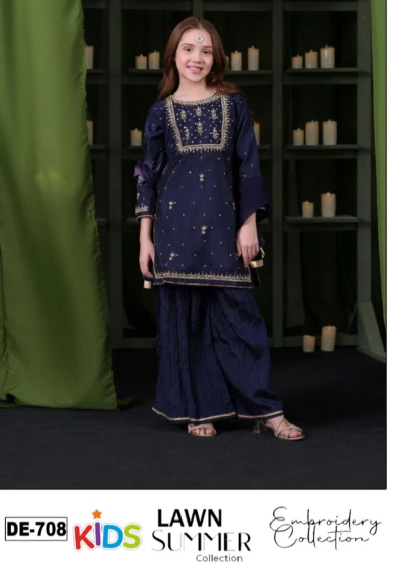 Kids 3PC Embroidered Summer Dress With Net Dupatta - Unstitched