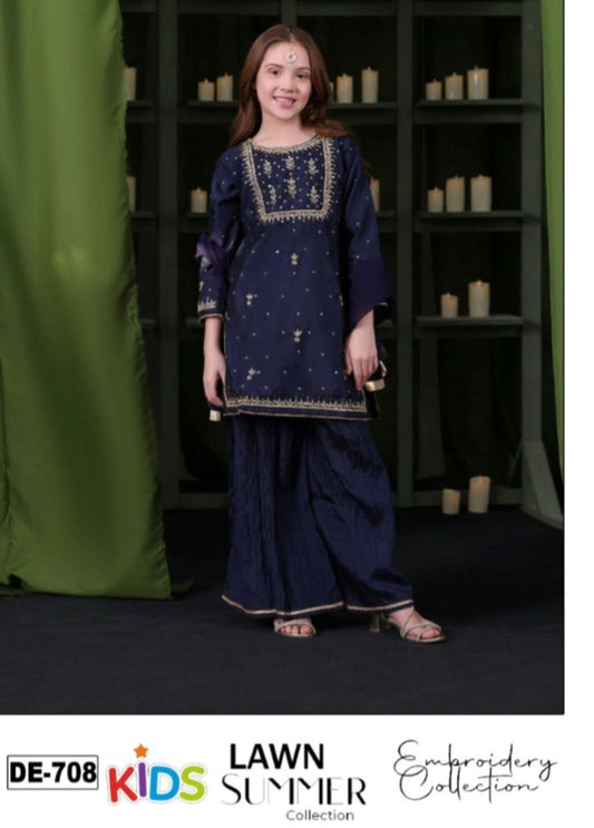 Kids 3PC Embroidered Summer Dress With Net Dupatta - Unstitched