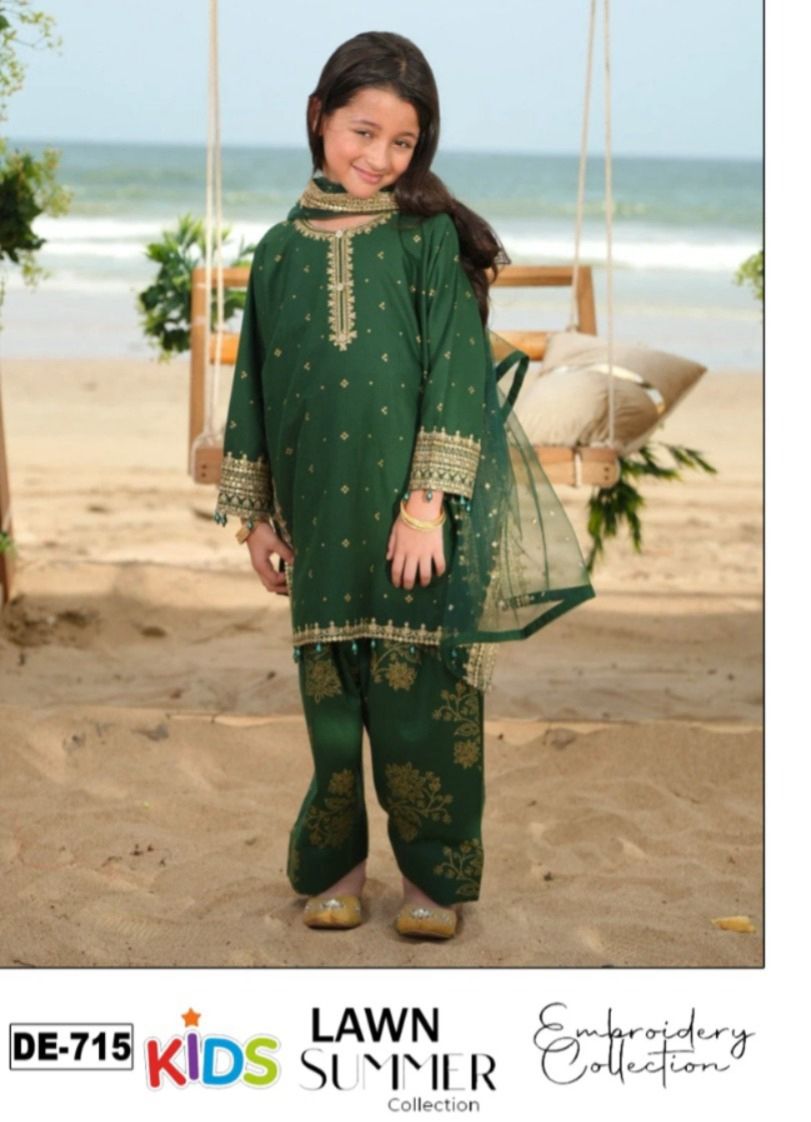 Kids 3PC Embroidered Summer Dress With Net Dupatta - Unstitched