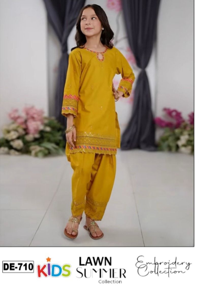 Kids 3PC Embroidered Summer Dress With Net Dupatta - Unstitched
