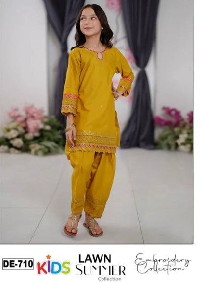 Kids 3PC Embroidered Summer Dress With Net Dupatta - Unstitched