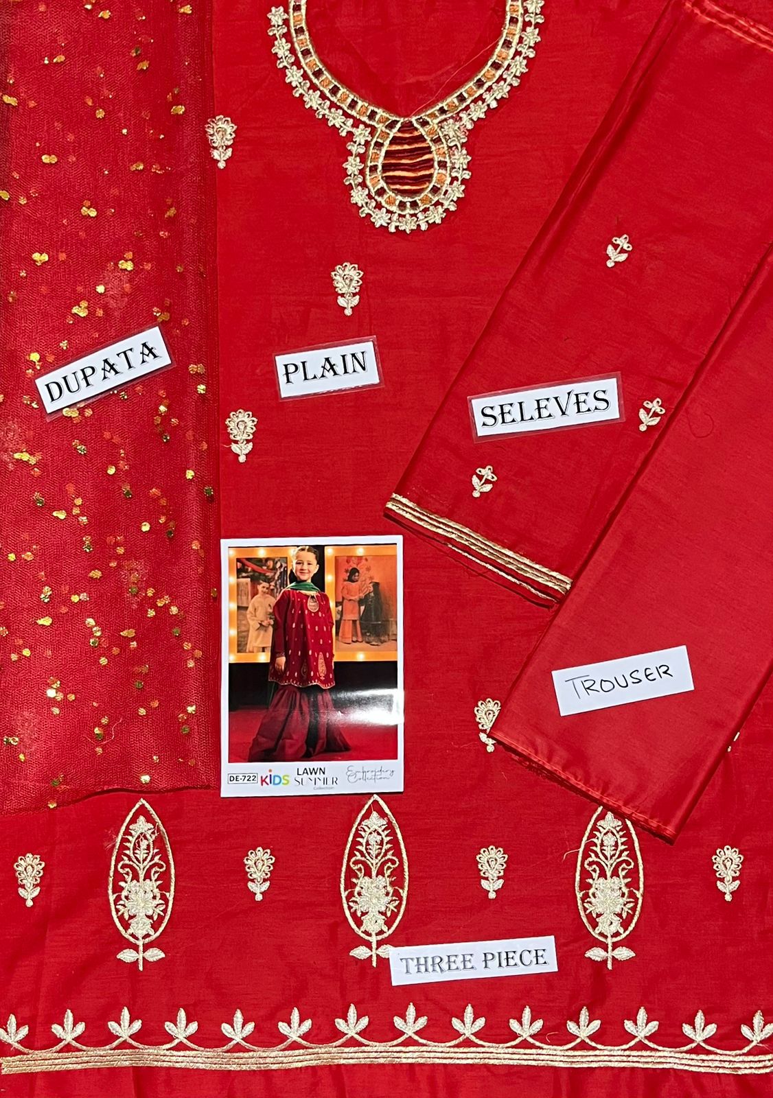 Kids 3PC Embroidered Summer Dress With Net Dupatta - Unstitched