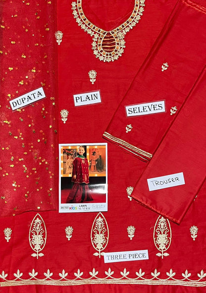 Kids 3PC Embroidered Summer Dress With Net Dupatta - Unstitched