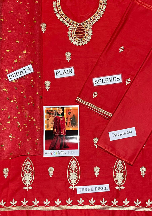 Kids 3PC Embroidered Summer Dress With Net Dupatta - Unstitched