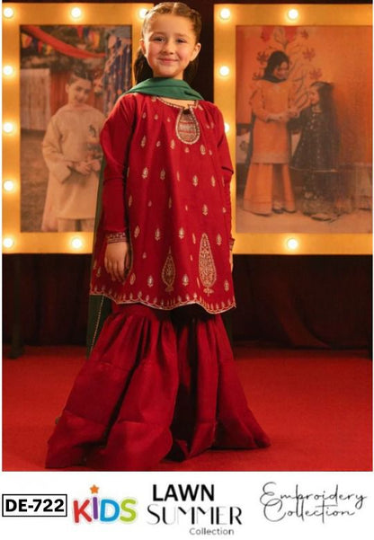 Kids 3PC Embroidered Summer Dress With Net Dupatta - Unstitched