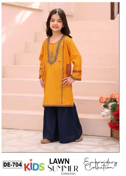 Kids 3PC Embroidered Summer Dress With Net Dupatta - Unstitched