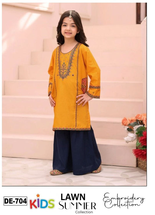 Kids 3PC Embroidered Summer Dress With Net Dupatta - Unstitched