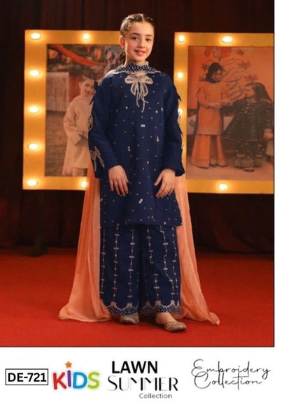 Kids 3PC Embroidered Summer Dress With Net Dupatta - Unstitched