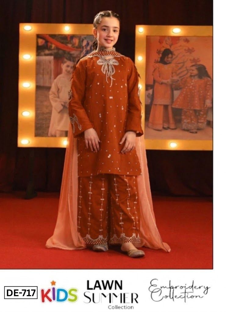 Kids 3PC Embroidered Summer Dress With Net Dupatta - Unstitched