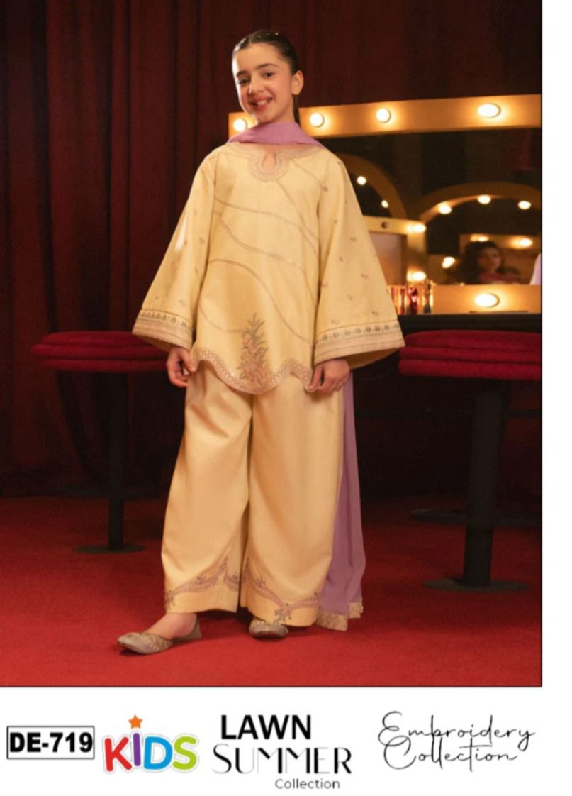 Kids 3PC Embroidered Summer Dress With Net Dupatta - Unstitched
