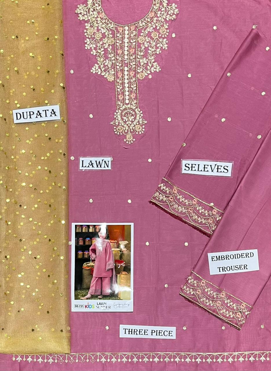 Kids 3PC Embroidered Summer Dress With Net Dupatta - Unstitched