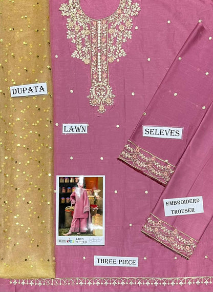 Kids 3PC Embroidered Summer Dress With Net Dupatta - Unstitched