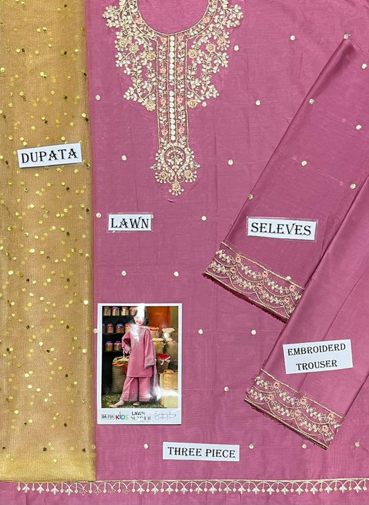 Kids 3PC Embroidered Summer Dress With Net Dupatta - Unstitched