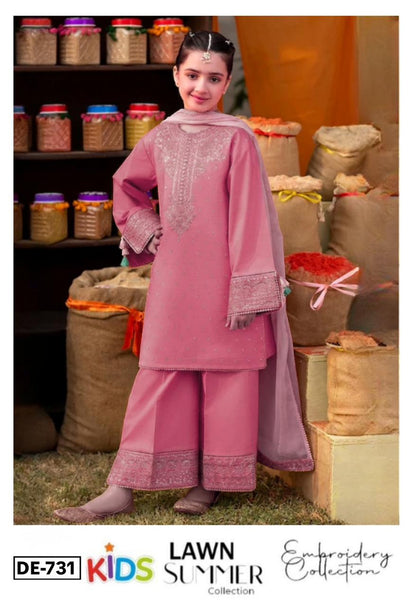 Kids 3PC Embroidered Summer Dress With Net Dupatta - Unstitched