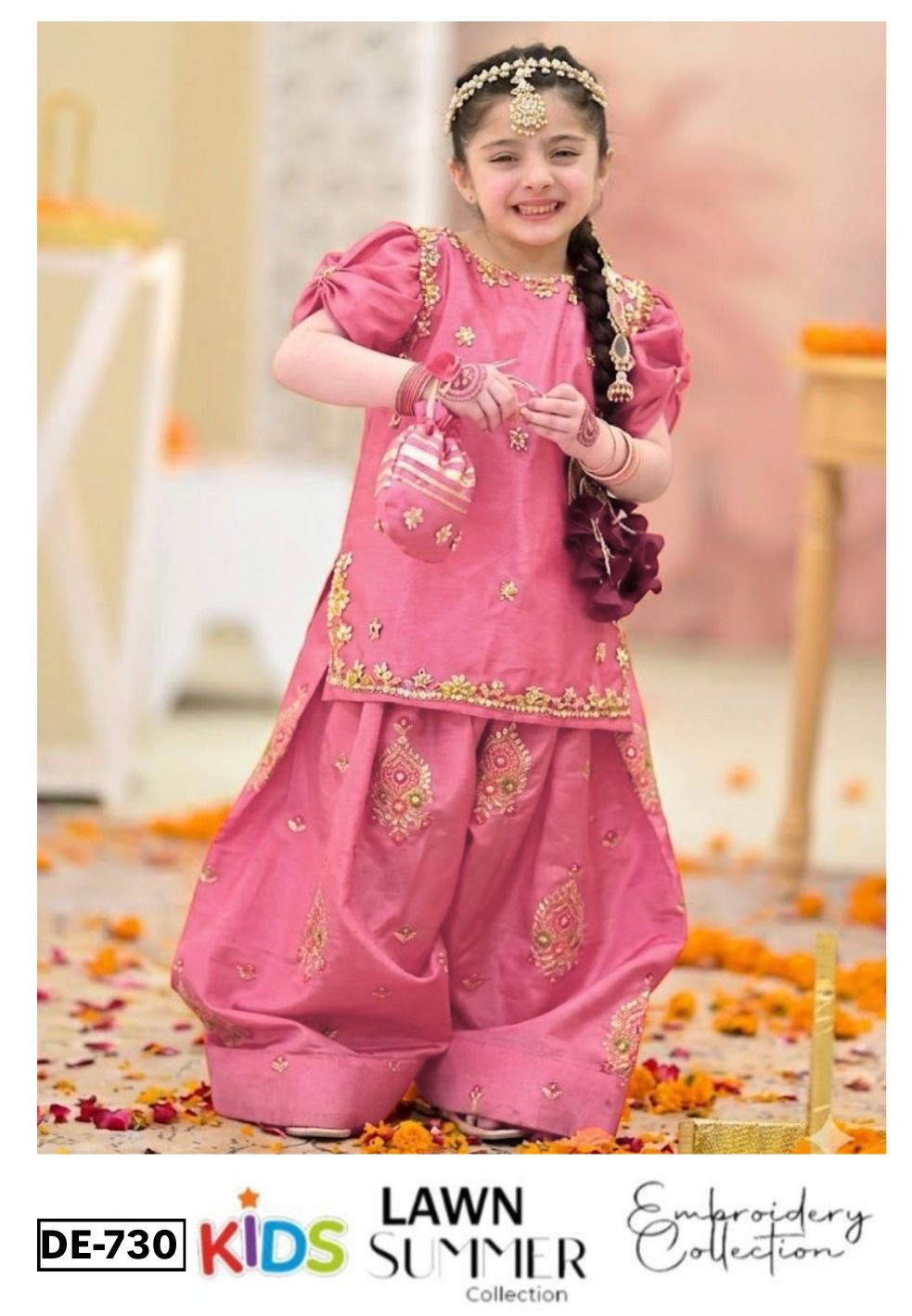 Kids 3PC Embroidered Summer Dress With Net Dupatta - Unstitched