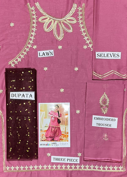 Kids 3PC Embroidered Summer Dress With Net Dupatta - Unstitched
