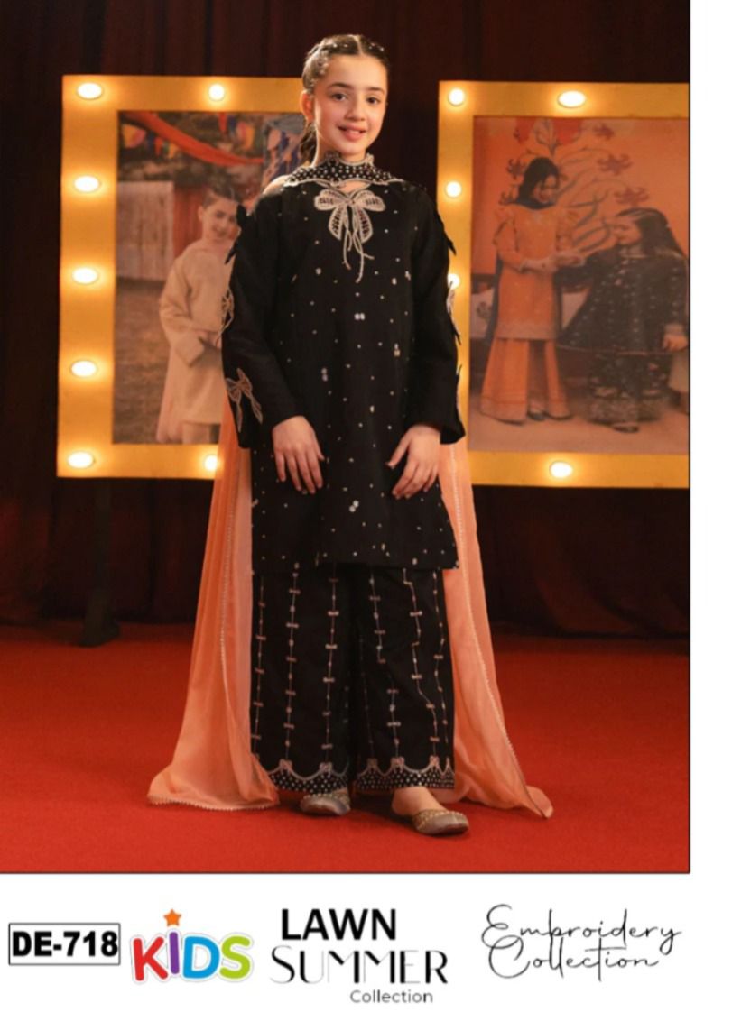 Kids 3PC Embroidered Summer Dress With Net Dupatta - Unstitched