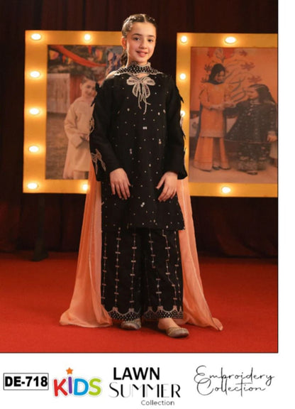 Kids 3PC Embroidered Summer Dress With Net Dupatta - Unstitched